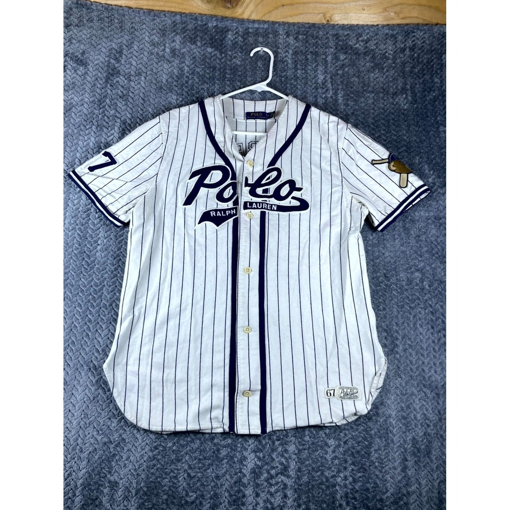 Polo Ralph Lauren Polo Bear Baseball 67 Jersey Men Medium White Pinstripe Cotton